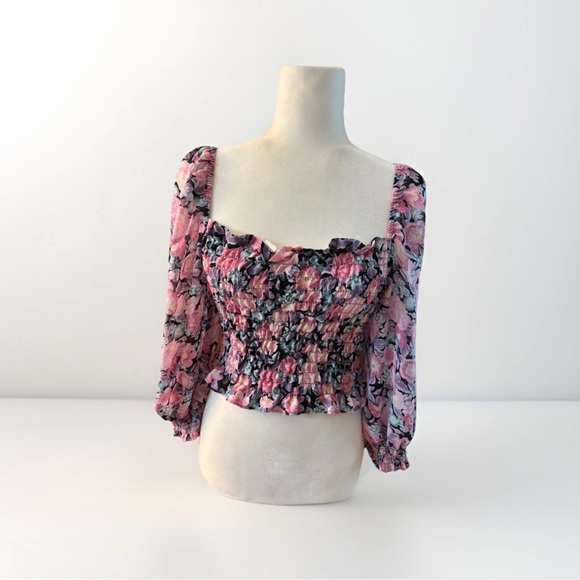 Divided H&M Floral Print Elastic Crop Top Pink Puff Sleeve Women’s Size Medium - Picture 1 of 6